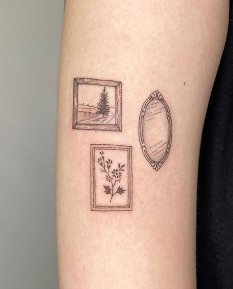 Fineline Bicep Tattoo, Christina’s World Tattoo, Fine Line Inspired Tattoo, Illustrative Patchwork Tattoo, Earthy Fine Line Tattoo, Object Tattoo Ideas, Rectangle Frame Tattoo, Small Picture Tattoos, Film Photography Tattoo