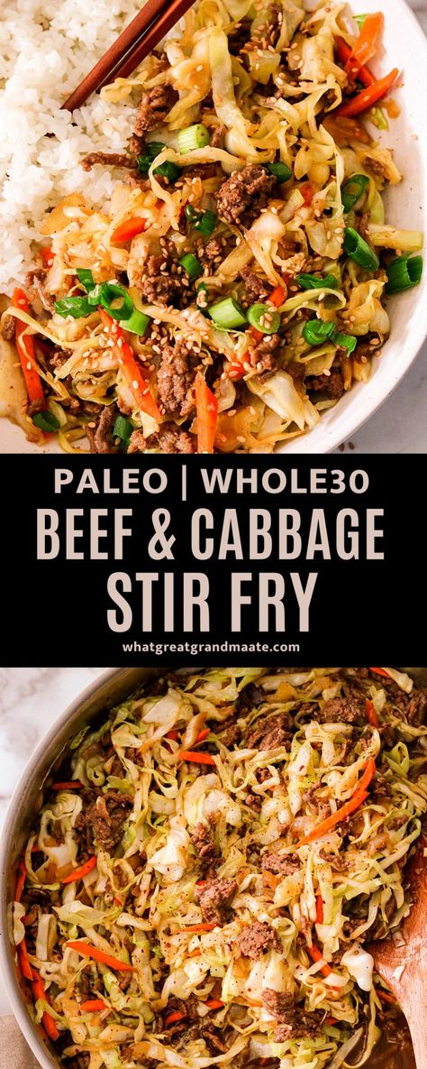 This quick and easy Asian ground beef and cabbage stir fry is packed with flavor and perfect for weeknights! It’s a delicious dish that is paleo and Whole30-friendly and comes together in under 30 minutes. Serve it over rice, cauliflower rice, or even noodles! Asian Beef And Cabbage Stir Fry, Cabbage Beef Stir Fry, Ground Beef Red Cabbage, Ground Pork Whole 30, Asian Ground Beef Stir Fry, Napa Cabbage Recipes Stir Fry Ground Beef, Beef Stir Fry With Cabbage, Whole 30 Recipes Hamburger Meat, Whole 30 Dinner Ground Beef