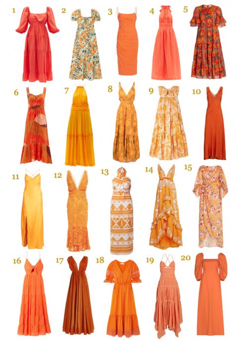 Floral Dress Stitching Ideas, Orange Patterned Dress, Orange Frocks For Women, Orange Dress Styling, Orange Dress Outfit Casual, Orange Gown Dress, Orange Dress Outfit Summer, Orange Aesthetic Outfits, Orange Dress Outfit Wedding