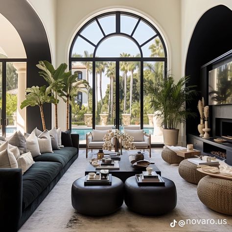 Black Interior Living Room, Black Sofa Decor, Arched Cabinets, Cheap Couches, Townhome Decorating, Mansion Living, House Interior Ideas, Unique Interiors, Luxury Houses Mansions