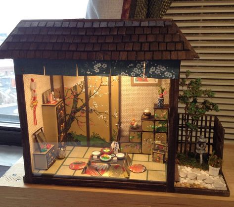 Miniature Japanese Room Boxes Simon Lo on Etsy ... | Painted Screen Doors, Geisha House, Traditional Geisha, Cobblestone Road, Wooden Roof, Japanese Buildings, Japanese Room, Stone Lantern, Box Decoration