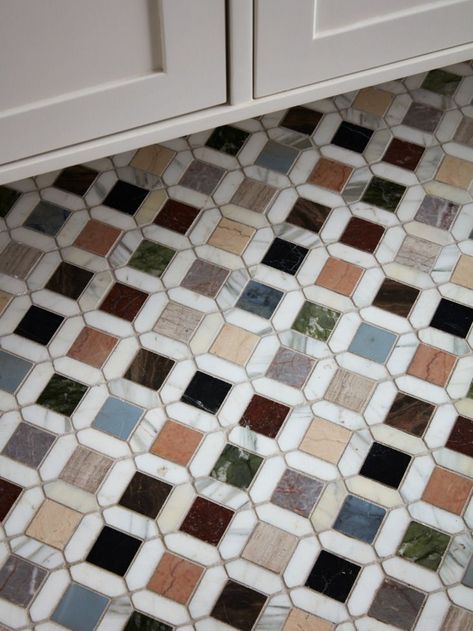 Guest Room at Maison de la Luz in New Orleans, Photo by Stephen Kent Johnson Powder Bathroom No Window, Fun Floor Tile Bathroom, Designer Tiles For Wall, Mosaic Marble Tile, Mismatched Tile Floor, Whimsical Bakery Interior, New Orleans Bathroom Ideas, Entryway Mosaic Tile, 1960s Decor Interior Design