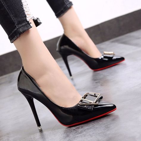 Fashion Sexy Women Pumps New Pointed Toe Shallow Mouth Red Bottom High Heels Women Office Black Pink High Heels, Womens Stilettos, Pu Heels, Classic Pumps, Leather High Heels, Red Bottoms, Pump Dress, Fashion High Heels, Black High Heels