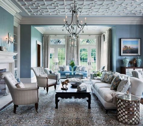 C.B.I.D. HOME DECOR and DESIGN: PROPER USE OF A COLOR PALETTE  Benjamin Moore PORCELAIN GLAZE Furnitur Ruang Keluarga, House Of Turquoise, Classic Living Room, Traditional Living, Elegant Living Room, Blue Living Room, Traditional Living Room, Elegant Living, The Ceiling