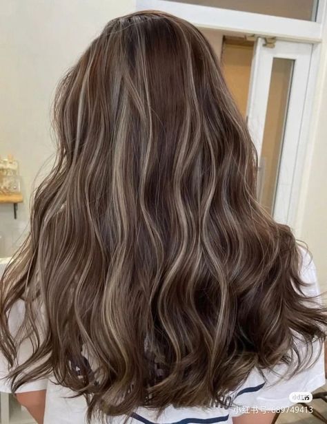 Toasted Blonde Balayage, Medium Length Hair Styles With Highlights, Layers Hair With Highlights, Cute Hair Dyes For Brunettes, Dark Brown Hair With Ash Brown Lowlights, Bollyarge Hair, Dark Brown Hair With Milk Tea Highlights, Short Asian Hair Highlights, Hairdye Ideas Long Hair