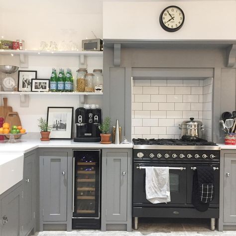 Grey & White Country Kitchen | Open Kitchen Shelves | Cooker Mantel | Metro Tiles | Interiors Faux Mantle, Stove Kitchen, Beverage Station, Young House Love, Open Kitchen Shelves, Chimney Breast, French Kitchen, Oak Kitchen, Grey Kitchen Cabinets