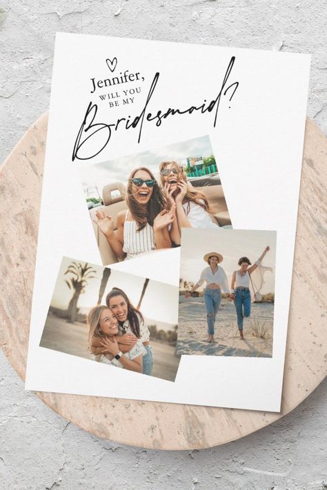 3 Photos Bridesmaid Proposal Card Template Wedding Announcement Cards, Bridesmaid Proposal Cards, Be My Bridesmaid Cards, Wedding Invitations Boho, Minimalist Wedding Invitations, Bridesmaid Cards, Announcement Cards, Will You Be My Bridesmaid, Wedding Announcements