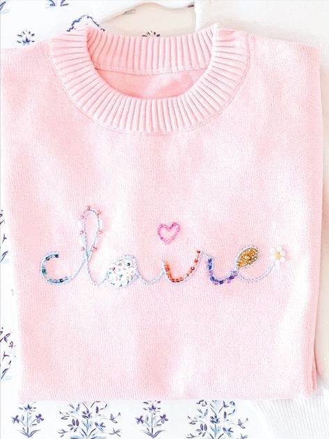 Custom Embroidery & Applique Options Crochet Handkerchief, Letters Cursive, Monogram Sweater, Corner Crochet, Alice Dress, Diy Bead Embroidery, Pleat Dress, Custom Sweaters, Sweet Message