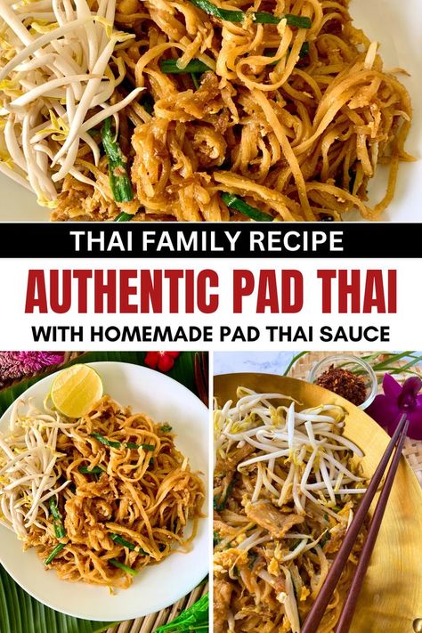 Pad Thai in a white dish and a close-up of stir-fried noodles. Homemade Pad Thai Sauce, Best Pad Thai Recipe, Pad Thai Recipe Authentic, Chicken Pad Thai Recipe, Best Pad Thai, Homemade Pad Thai, Thai Recipes Noodles, Thai Chicken Recipes, Thai Recipes Authentic