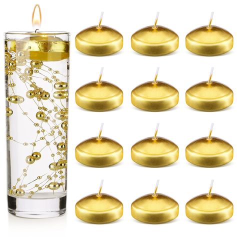 PRICES MAY VARY. Package includes: you will receive 12 pieces unscented floating candles, sufficient quantity for you to meet your daily use and replacement requirements, you can also share with your friends and family to use them in many occasions such as weddings, parties and dating. Gold pearl string is not included. Reliable material: these small floating candles are made of quality wax material, reliable and convenient to use, not easy to break or deform, which can be applied for a long tim Gold 13 Candles, Beauty And The Beast Quinceanera Center Pieces Center Pieces, Beach Floating Candle Centerpieces, 50 Th Anniversary Flower Arrangements, Floating Candle Bowl Centerpieces Wedding, Gold Centerpiece Table, Gold And White Sweet Table, Art Deco Wedding Centerpieces Roaring 20s, Living My Life Like Its Golden Party Theme