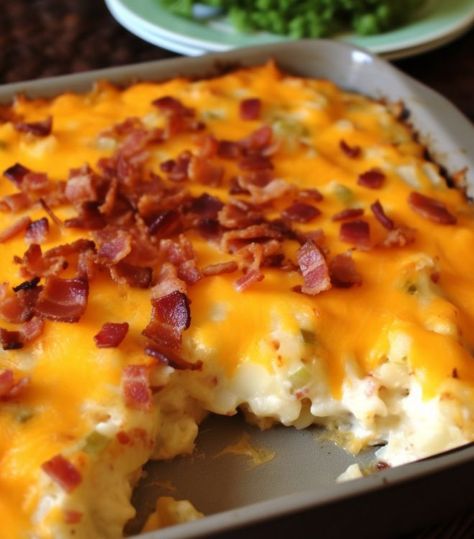 Oh dear! I made this meal for a potluck, and it went like lightning Hominy Recipes, Hominy Casserole, Bacon Potato Casserole, Southern Tomato Pie, Twice Baked Potatoes Casserole, Baked Potato Casserole, Bacon And Cheese, Potato Recipes Side Dishes, Twice Baked Potatoes