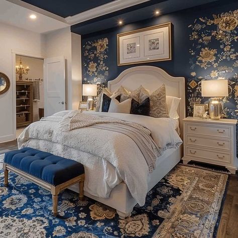 7+ Timeless Master Bedroom Wall Decor Ideas in Navy • 333+ Inspiring Lifestyle Ideas Blue Wallpaper Bedroom Ideas, Blue Bedroom Ideas For Couples, Navy Blue Bedroom Walls, White Gold Bedroom, Blue And Cream Bedroom, Dark Blue Rooms, Sound Booth, Blue And Gold Bedroom, Navy Palette