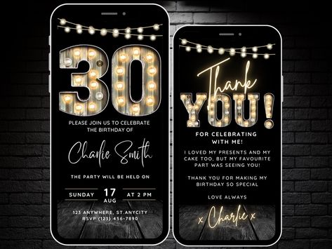 Welcome to our Digital Rustic Marquee Lights 30th Birthday Invitation pack containing a co-ordinating Thank You eCard. Celebrate a milestone in style with our rustic themed digital invitation featuring the dazzling number 30 in captivating marquee lights. This invitation is perfect for both men and women, embodying a timeless and celebratory spirit for a memorable 30th birthday bash. 🌟 Key Features: Rustic Charm: The invitation exudes rustic charm, bringing a warm and inviting feel to your special occasion. Marquee Lights 30: The prominent number 30 is beautifully crafted in marquee lights, adding a touch of glamour and excitement to the invitation. Versatile Design: Ideal for both men and women, this invitation blends classic design elements with a modern twist, making it appealing to a Birthday Invitation For Men, Rustic Party, Copy Text, Marquee Lights, Digital Invite, Facebook Event, Rustic Invitations, Personalized Party, Birthday Invite