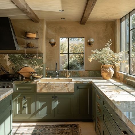 27 Stunning Sage Green Kitchen Cabinets ideas that you need to see Sage Green French Country Kitchen, Sage Kitchen Accents, Hickory And Green Kitchen Cabinets, Sage Green Countertops Kitchen, Rustic Green Cabinets, Grey Green Kitchen Cabinets With Butcher Block, Green And Neutral Kitchen, Granite Countertops Green Cabinets, Sage Green And Oak Kitchen