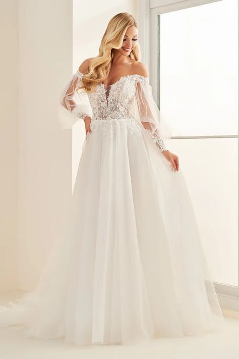 Enchanting by Mon Cheri Style #E512. Mon Cheri Wedding Dress, Wedding Dress Colors, Enchanting By Mon Cheri, Forest Wedding Ideas, Off The Shoulder Wedding Dresses, Wedding Dress Boutique, Informal Dress, One Piece Jumpsuit, Long Sleeve Wedding Dress