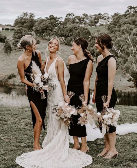 Chosen by One Day on Instagram: “C H O S E N  B R I D E | Jess and her girls | Jess wears a customised London Gown | SHOP the London Gown at onedaybridal.com.au | Captured…” Black Bridesmaid Dress, Bridesmaid Poses, Monochrome Weddings, Boda Ideas, 2nd Wedding, Black Bridesmaid, Earthy Wedding, Black Bridesmaids, Santorini Wedding