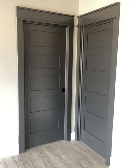 Different Door Trim Styles, Dark Grey Doors And Trim, Interior Door Colour Ideas, Interior Gray Doors, Graphite Doors Interior, House Interior Trim Ideas, Modern Trim Around Doors, Gray Trim And Doors Interior, Dark Gray Interior Doors With White Trim