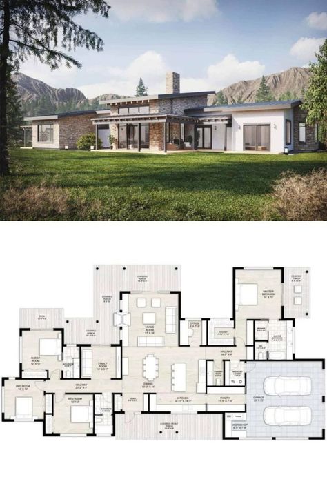 A house plan for 4 bedroom contemporary style home. Above the floor plan is the gorgeous modern façade of the 4-bedroom house. Modern Home Floor Plans, Small Contemporary House Plans, Single Story House Floor Plans, Side Entry Garage, 4 Bedroom House Designs, Modern House Floor Plans, Unique Floor Plans, European House Plans, Mansion Floor Plan