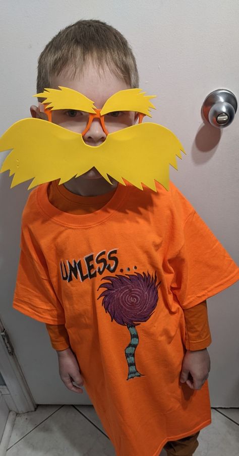 Lorax DIY Crafty Dr. Seuss Costume Dress Up Lorax Mustache Diy, Lorax Bear, Diy Lorax, Lorax Shirt, Dr Seuss Tree, Mustache Diy, Mustache Costume, Iron On Designs, Lorax Costume