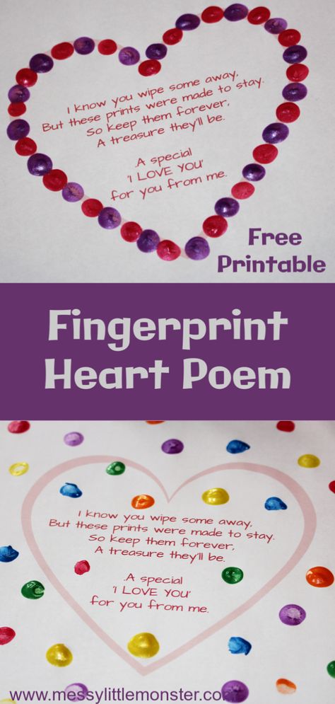 Printable fingerprint poem. An easy fingerprint heart craft for kids. A great Valentines Day craft or Mothers Day craft for kids. Fingerprint Poem, Heart Poem, Adorable Crafts, Mothers Day Craft, Valentines Day Craft, Diy Paper Art, Fingerprint Heart, Easy Mother's Day Crafts, Mother's Day Projects