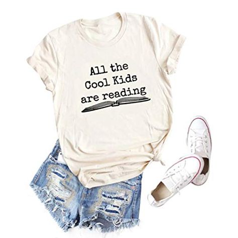 All The Cool Kids are Reading Graphic Shirt Women Short Sleeve Book Lovers Letter Printed Tee Tops Binshre Graphic Shirts Women, Moon Space, Letter Print Tee, Graphic Tees Vintage, Teacher Tees, Teacher Outfits, Cameo Projects, Teacher Tshirts, Graphic Shirt