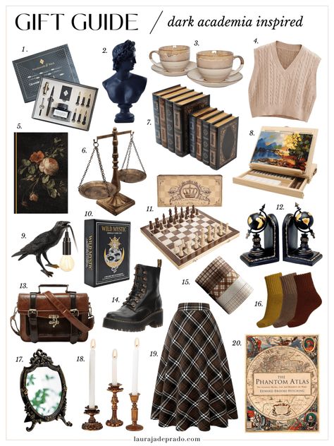 Dark Academia Inspired Gift Ideas | Gift Guide Dark Academia Desk Accessories, Chic Dark Academia, Dark Academy Aesthetic Room, Gift Ideas Dark Academia, Dark Academia Whats In My Bag, Dark Academia Aesthetic Amazon Finds, Dark Academia Crystals, Navy Blue Academia Aesthetic, Dark Academia List