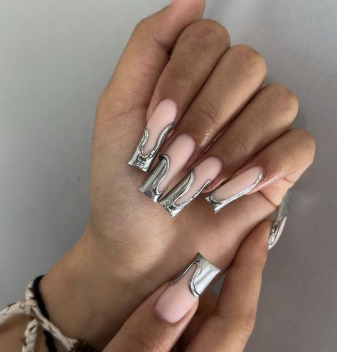 June Birthday Nails, Silver Metallic Nails, Chrome Nails Silver, Long Square Nails, Acrylic Toe Nails, Nails Now, Pointed Nails, Colored Acrylic Nails, Girly Acrylic Nails