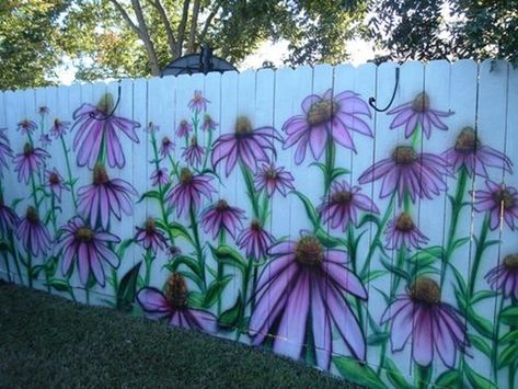 Garden Fence Art, Garden Mural, Flowers Painted, Fence Art, Fence Paint, Fence Decor, Backyard Fences, Garden Fencing, Garden Fence