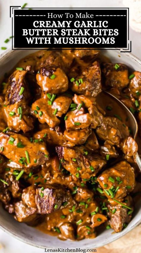 Cajun Butter Steak Bites With Mushrooms, Steak Tips With Mushrooms And Onions, Angus Sirloin Steak Recipes, Elk Sirloin Steak Recipes, Steak Meals Ideas, Steak Meal Ideas, Creamy Steak Bites, Steak Bites Recipes, Steak Bites With Mushrooms