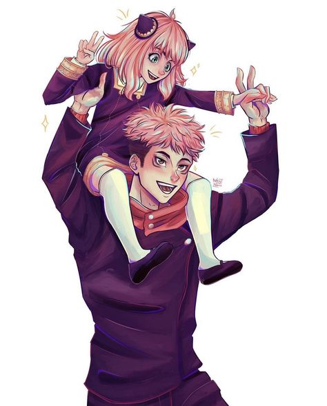 Saiki Anya And Itadori, Anya And Yuji, Anya And Itadori, Itadori Brothers, Jjk Crossover, Spyx Family, Anime 2022, Jay Kay, Crossover Art