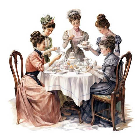 Premium Photo | Watercolor vintage Victorian tea party clipart white background Victorian Tea Party Aesthetic, 4 People Poses Drawing, Tea Party Illustration, Cookbook Scrapbook, Tea Party Art, Tea Party Clipart, Tea Time Illustration, Outdoor Tea Parties, Victorian Party