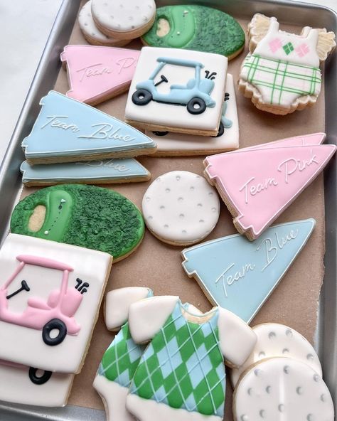 Golf Theme Gender Reveal Cookies, Gender Reveal Golf Ball, Golf Gender Reveal Party Ideas, Golf Gender Reveal Cookies, Golf Baby Shower Cookies, Golf Theme Gender Reveal Party, Golf Themed Gender Reveal Party, Gender Reveal Golf Theme, Golf Gender Reveal Ideas