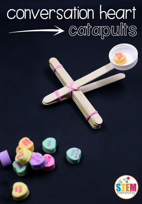 I love these conversation heart catapults! Super fun STEM activity for Valentine's Day. Valentine Stem, Fun Stem Activities, Valentine's Day Crafts For Kids, Conversation Heart, Preschool Valentines, Force And Motion, Valentine Activities, Conversation Hearts, Valentine Theme