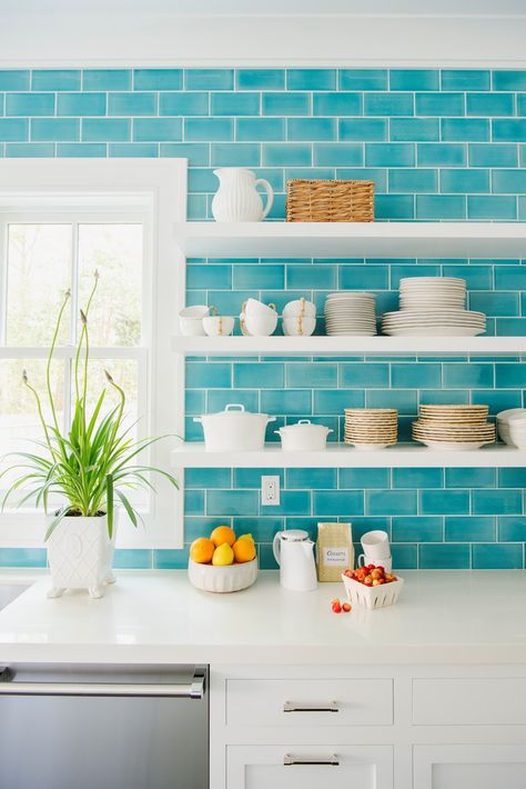 Teal Shelves, Coastal Living Magazine, Turquoise Tile, Beach House Kitchens, Coastal Living Rooms, Blue Tile, Coastal Kitchen, Stunning Kitchens, Kitchen Tile