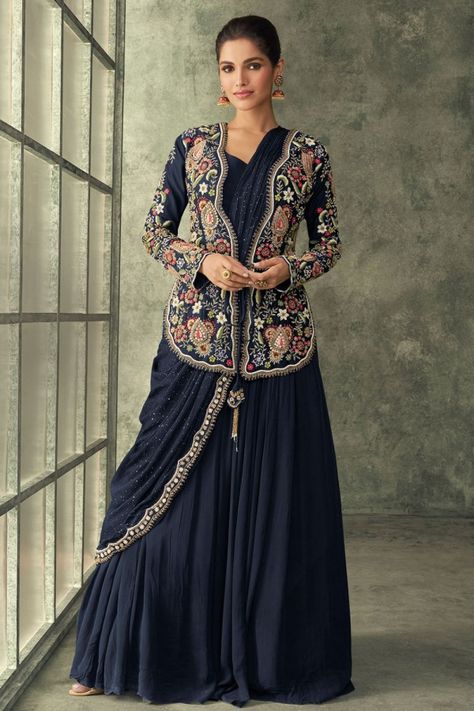 Midnight Blue Drape Style Gown with Embroidered Jacket Saree Jacket, Gown With Jacket, Western Gown, Drape Gowns, Saree Gown, Exquisite Gowns, Indo Western Dress, Designer Salwar, Party Kleidung