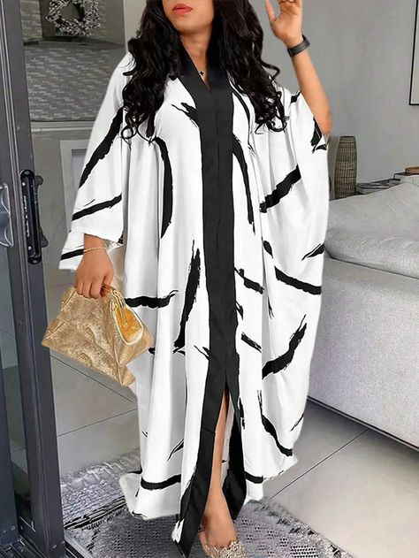 Oversized V-Neck Long Sleeve Split Front Mixed Print Dress Black and White Casual,Modest  Long Sleeve Woven Fabric All Over Print Kaftan Slight Stretch  Women Clothing, size features are:Bust: ,Length: ,Sleeve Length: Bubu Dresses, Abaya Pattern, V Neck Dresses, Dinner Gown, Long Party Dress, Long Sleeve Boho Dress, Style Africain, White Evening Dress, Boho Dresses