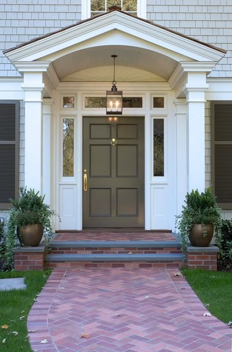 Dunthorpe Remodel & Addition - Traditional - Entry - Portland - by GEN Architects | Houzz Front Porch Ideas For Colonial House, Front Door Columns Entrance, Portico Addition Before And After, Colonial With Portico, Portico Ideas Entrance, Colonial Entryway Exterior, Portico Column Design, Arch Front Porch Entrance, Front Porch Portico Ideas