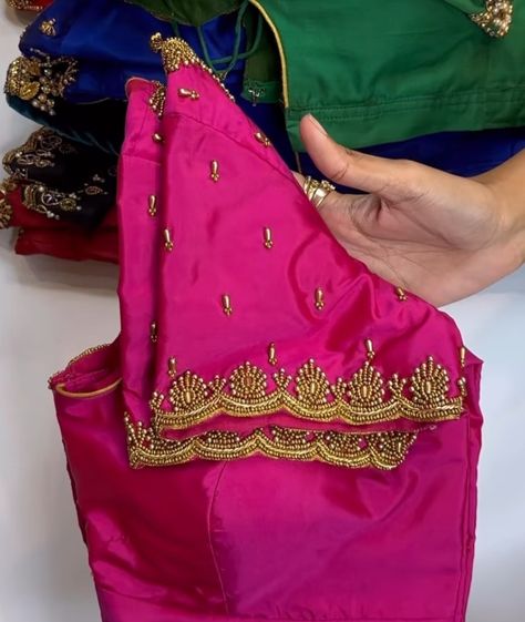 Pastel Pink Aari Work Blouse, Pink Blouse Design, Black Check Dress, Yoke Embroidery, Green Blouse Designs, Brocade Blouse Designs, Magam Work, Sleeveless Blouse Designs, Aari Design