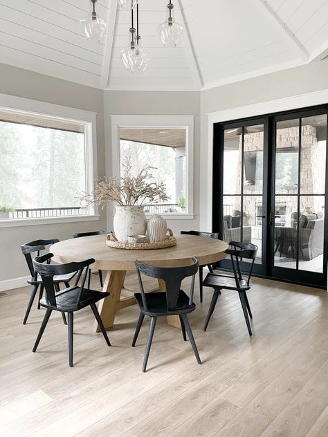 Kitchen Dining Room Round Table, Grey Farmhouse Dining Room Table, Farmhouse Table Modern Chairs, Round Dining Table With 6 Chairs, Modern Farmhouse Round Dining Table And Chairs, Round Table Farmhouse Decor, Dining Room Decor Grey Floor, Round Kitchen Table Farmhouse, Kitchen Table Modern Farmhouse