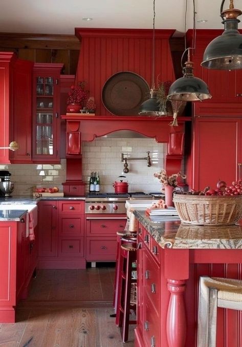 Red Rustic Kitchen, Red Country Kitchens, Red Kitchens, French Country Kitchen Ideas, French Country Ideas, Country Kitchen Ideas, Country Ideas, Rustic Kitchen Island, French Country Kitchens