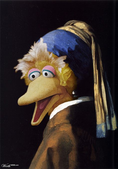 The Bird with the Pearl Earring by spcanlas-love these classic paintings recreated using Seseme Street characters. Girl With Pearl Earring, Appropriation Art, Sesame Street Muppets, Sesame Street Characters, Art Parody, Famous Artwork, Johannes Vermeer, Classic Paintings, Ap Art