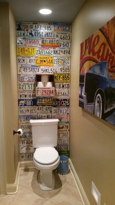 License Plate Wall  - Boys Bathroom License Plate Wall Art, License Plate Wall Ideas, Car Bathroom Decor, Car Plates Decoration, License Plate Decor Wall Art, Vintage License Plate Decor, Mancave Bathroom Ideas, License Plate Room Decor, License Plate Art Wall