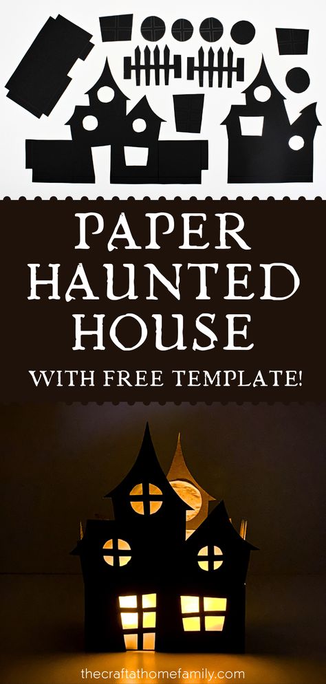 Photos of cut haunted house template and finished 3D haunted house with the words "Paper Haunted House with Free Template!" Diy Haunted House Silhouette, Build A Haunted House Stem, Haunted House Arrays, Diy Halloween House Craft, Diy Paper House Templates, Haunted House Paper Craft, 3d Paper Crafts Templates Free Printable Halloween, Haunted House Template Free Printable, Halloween Cut Outs Free Printable