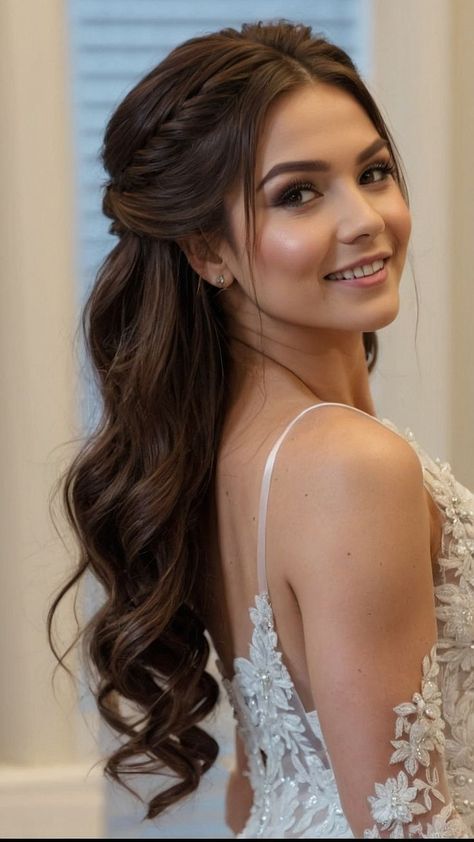 Long Hair Updo Wedding, Half Up Half Down Wedding Hair With Veil, Bridesmaid Hair Straight, Ponytail Bangs, Wedding Short Hair, Hair Updo Wedding, Short Hair Medium, Bangs Straight Hair, Black Ponytail#HomecomingUpdoHairstyles #HocoHairstylesPonytail #HocoHairstylesForLongHair Half Do Hairstyles Wedding, Medium Hairdo Wedding, Half Up Half Down Occasion Hair, Wedding Hairstyles Long Hair Half Up, Half Up Hair Wedding Bride, Plaited Half Up Half Down, Hairstyles For Weddings Medium Length, Hairstyle Bridesmaid Long Hair, Wedding Hairstyles Braid Hair Down