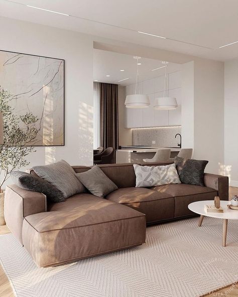 Living Rooms With Rugs, Minimalist Living Room Brown Couch, Brown Grey Living Room, Living Room Dark Couch, Dark Brown Sofa Living Room, Living Room Design Brown, Cloud Couch Living Room, Light Brown Couch, Modern Living Room Brown