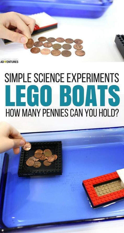 Lego Boats Science Experiment - How many pennies can your boat hold- Simple Stem Projects, Lego Boats, Simple Science Experiments, Lego Boat, Stem Projects For Kids, Lego Challenge, Simple Science, Lego Activities, Kid Experiments