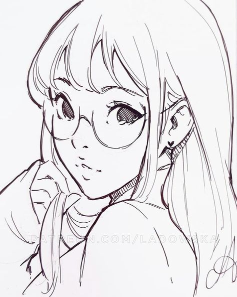 Cartoon Art Styles Lineart, Glasses Pose Reference Drawing, Glasses Girl Drawing, Lineart Reference, Ladowska Art, Lineart Tips, Asia Ladowska, Girl With Glasses, Coloring Art