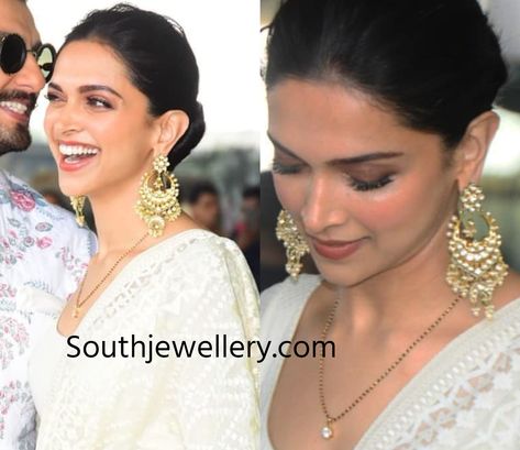 Deepika Padukone in a simple black beads mangalsutra chain with solitaire diamond pendant, deepika padukone mangalsutra design Letter Mangalsutra Designs, Simple Black Beads Chain, Simple Black Beads, Letter Pendent, Dimple Girl, Celebrity Earrings, Rose Blonde, Celebrities Earrings, Mangal Sutra