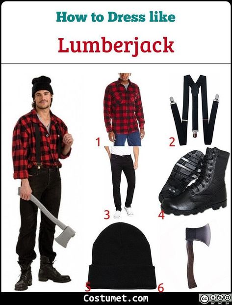 The lumberjack costume includes a red and black plaid shirt with suspenders paired with dark pants. He may also wear boots and a beanie while carrying an axe.           #misc #male #misc #lumberjack Lumberjack Costume Mens, Lumberjack Halloween, Black Boots Outfits, Lumberjack Outfit, Lumberjack Costume, Tech Theatre, Lumberjack Style, Boots Outfit Men, Black Plaid Shirt