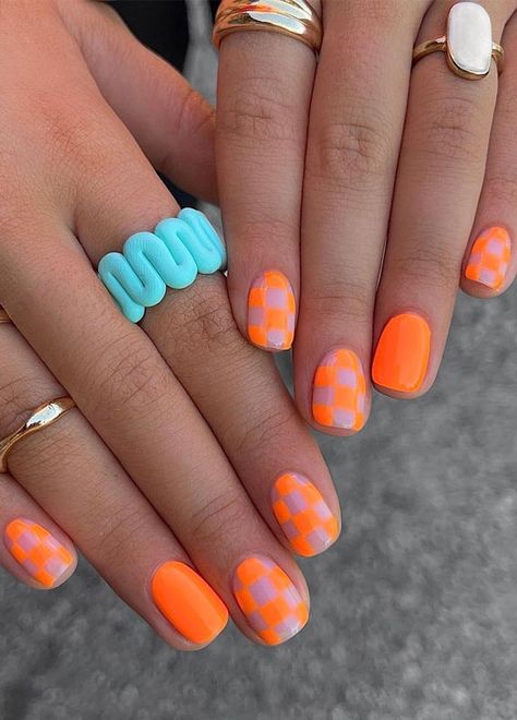 Summer Nails Orange, Bright Orange Nails, Checkered Board, Neon Orange Nails, Orange Nail Art, Checkered Nails, Nails Orange, Western Nails, Orange Nail Designs